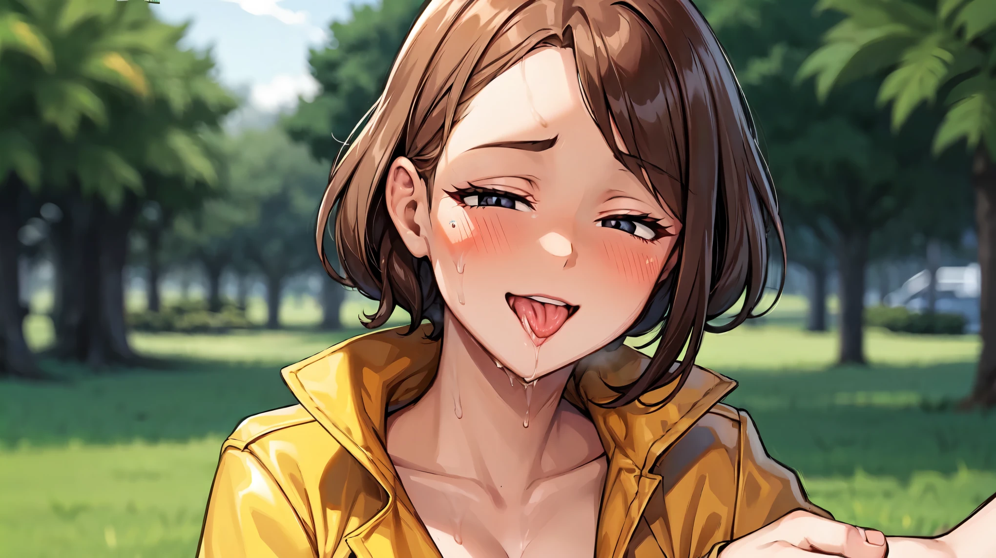 （（super high quality,Ultra-high resolution,16K,super masterpiece,Ultra HD ,Detailed shading,））A dimly lit park at night,３Sexy woman,Cleavage,Yellow jumpsuit,White belt at waist,popped Tight collar,smile,blush,Sweaty,holding a microphone in his hand,Licking the microphone,A small amount of drooling,Love juice overflows from the crotch,