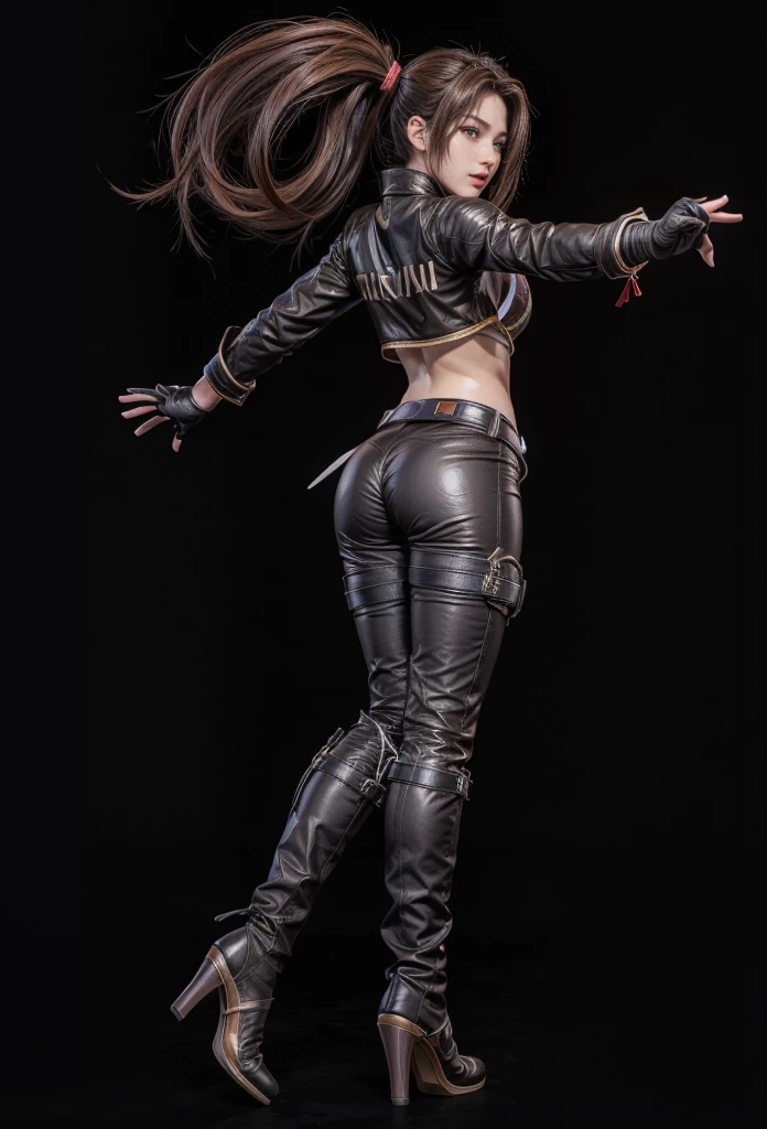 Mai Shiranui, (best qualityer,ultra details),(realisitic:1.37), beautiful and detailed face, ultra-realisitic texture, Exquisite face, athletic body, bright coloured. High definition, 8k, wearing red lipstick, rosy cheeks.