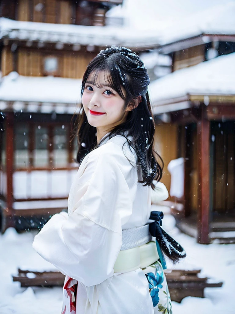 white kimono、About to take it off、cute woman、falling snow、black hair、hair swaying in the wind、facing forward、High resolution