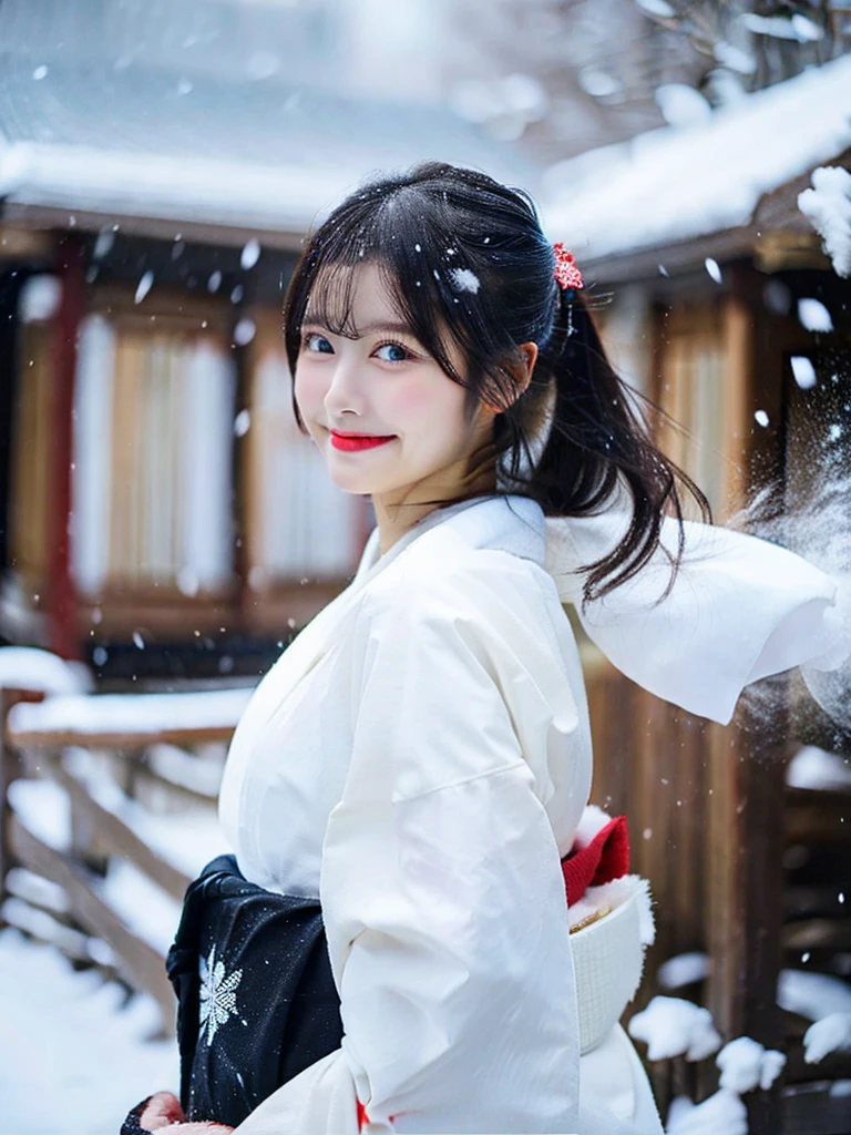 white kimono、About to take it off、cute woman、falling snow、black hair、hair swaying in the wind、facing forward、High resolution