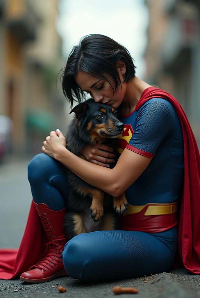 Short haired brunette woman wearing a superman costume, physically strong, sitting on the asphalt street, Hugging a dog, Grieving, side perspective, sobbing. brazil.