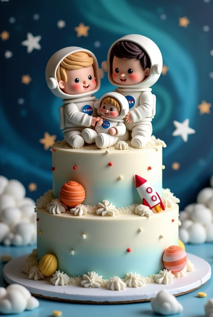 Cream cake with a baby shower boy theme topper with astronaut parents and an astronaut baby 