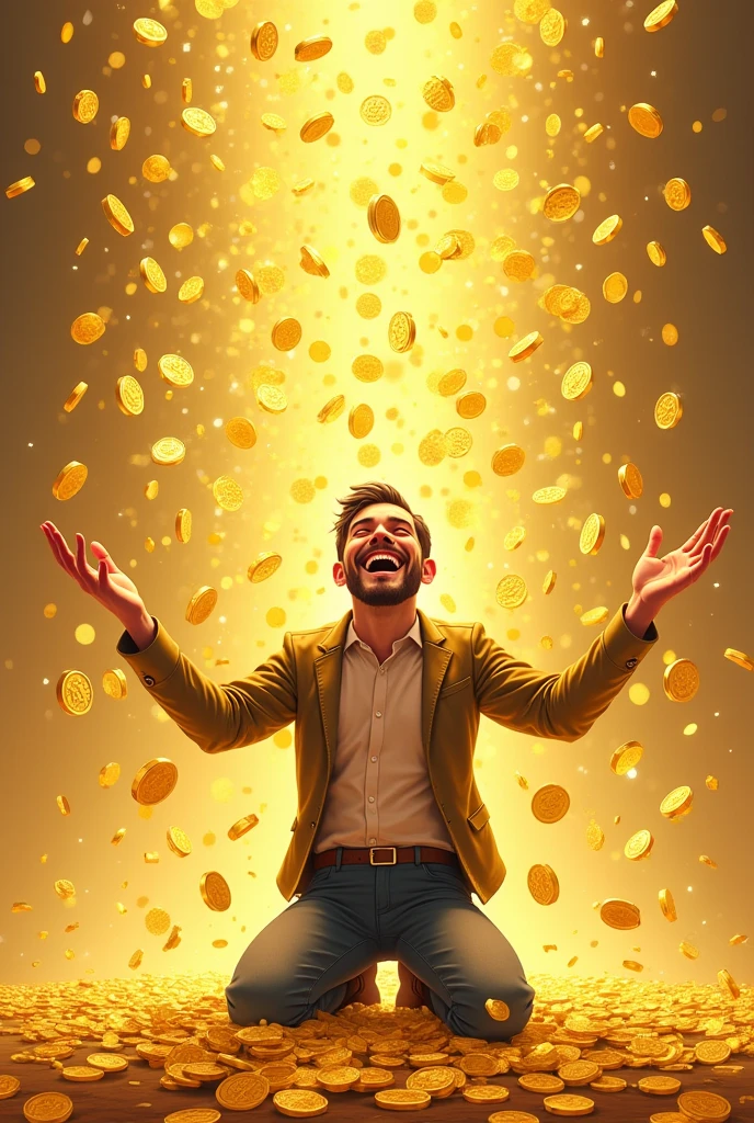 rain of gold coins on a man on his knees with his arms outstretched and a big bottomless cartoon style smile