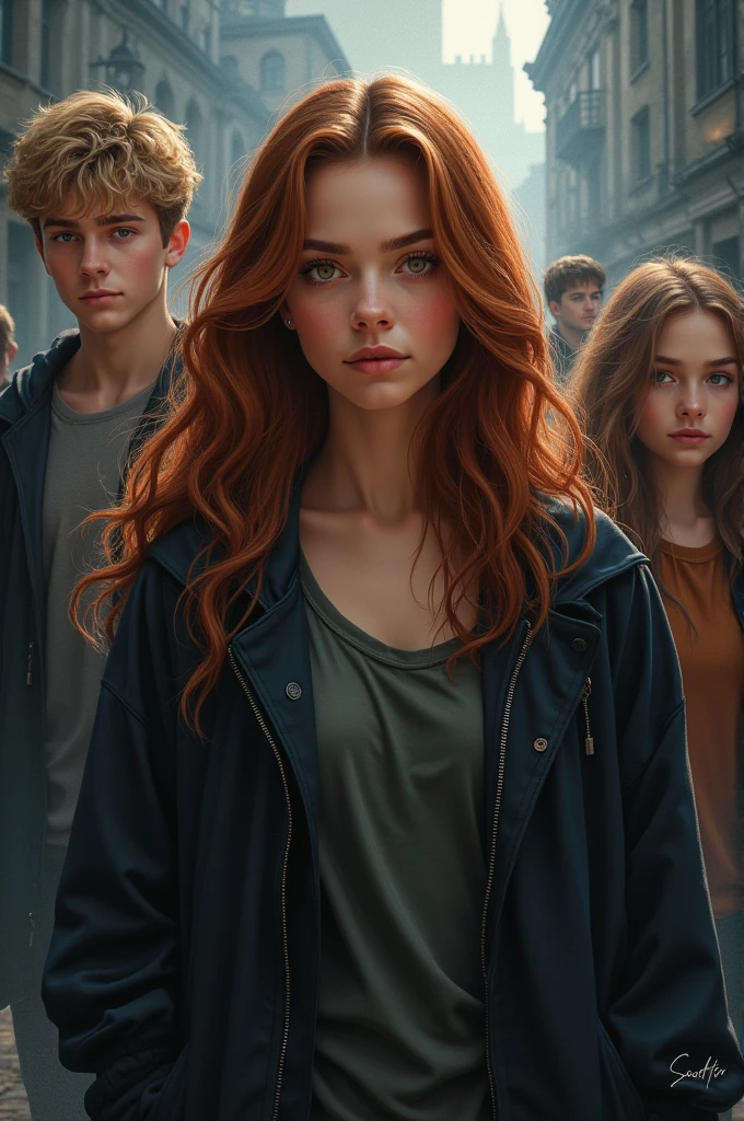 I would like a cover for my fan fiction featuring a young female character with the last name Levski. She is a Gryffindor student and the best friend of Harry Potter, Ron Weasley, and Hermione Granger. These four should be in the foreground, standing together as a group, with Levski prominently placed.

In the background, include Draco Malfoy, a handsome young man with blonde hair. He should appear slightly separated from the group, representing his complicated relationship with Levski. Despite their former animosity, Levski and Draco have developed a secret crush on each other, and this tension should be subtly reflected in the image.

Levski and Draco's parents were all Death Eaters, which adds to the complexity of their relationship. This detail should influence the mood of the image without overpowering the central characters.
