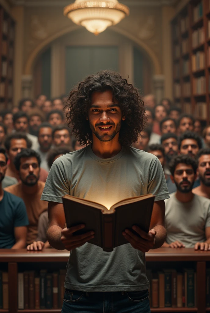 Make a cinematic , realistic image of Pakistani amateur guy smart face with clever smile and long curly hair wearing a t shirt and jeans
Explore the Books in library.behind him in a shocking audience giving thier reactions .he is sitting and still reading the book.4k aspect ratio of 16:9