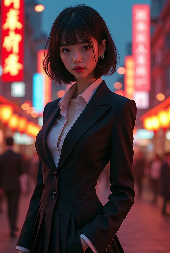 cute young Woman, short black Hair, Brown Eyes, Empress,pleated skirt suit,street lamps,neons,bustling street background,(navel:1.1,princess eyes), Nobility, Royalty, High Quality, Masterpiece, Highly Detailed