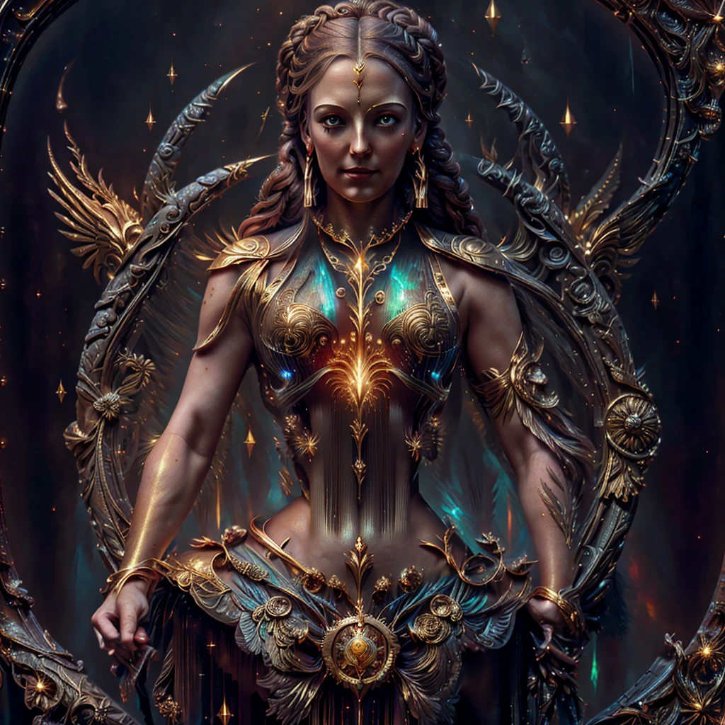 Superb masterpiece, upper body, (adult: 1.6) Hungarian woman, (giggle: 0.4), arms behind the head, golden braids, sparkling eyes, Victorian sun dress, floating light particles, centered, added facial detail