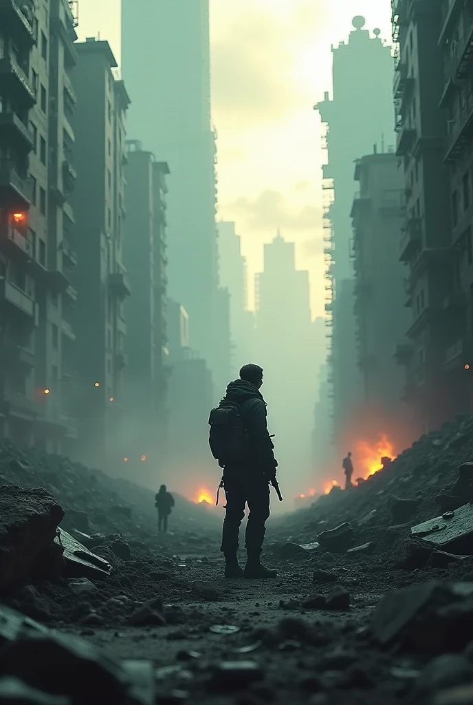 Post-apocalypse, wanderers, gas masks, life-saving gear, soft lights, explosions in the distance, --auto --s2
