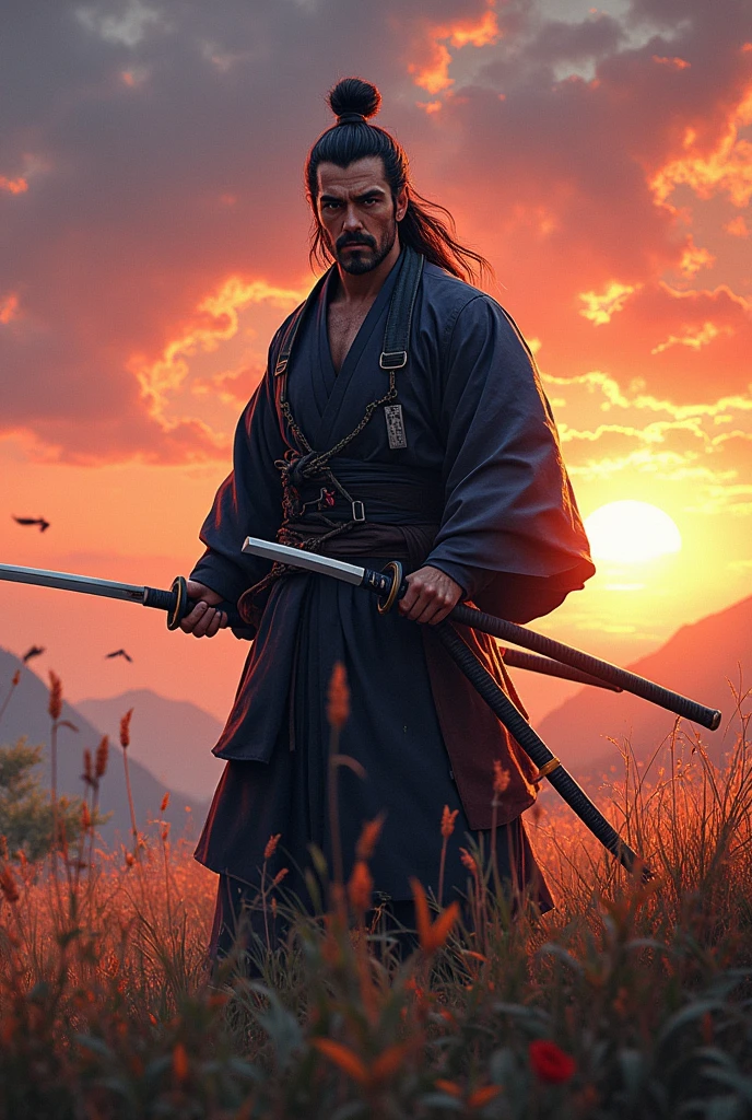 Miyamoto Musashi with swords drawn ready to fight and tall grass in the background with a sunset