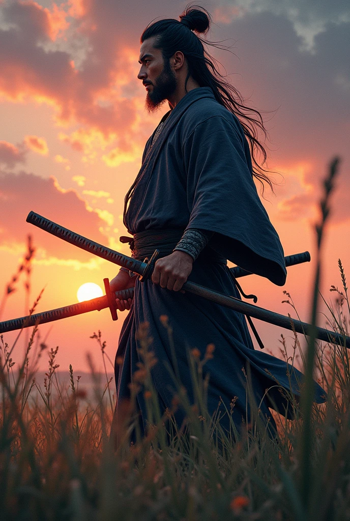 Miyamoto Musashi with swords drawn ready to fight and tall grass in the background with a sunset