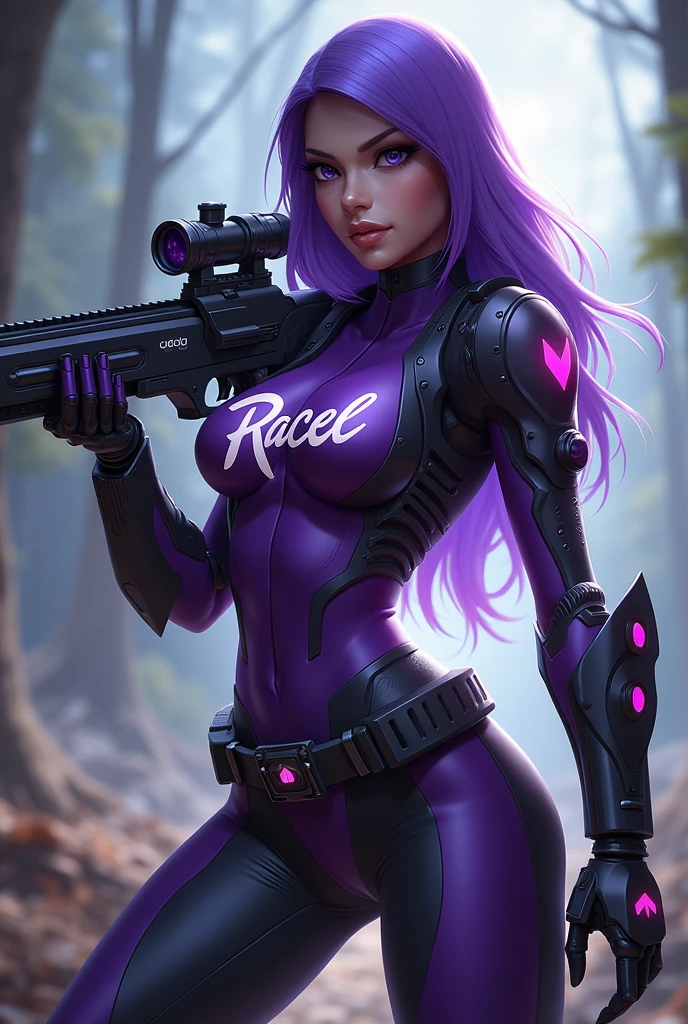 Generate a picture of LESLY in mobile legends bang bang.
Lesly is a assassin
Weapon: sniper rifle
Outfit: violet cybord body with very clear and not hidden print of "RACEL".
Background:more realistic in war forest.