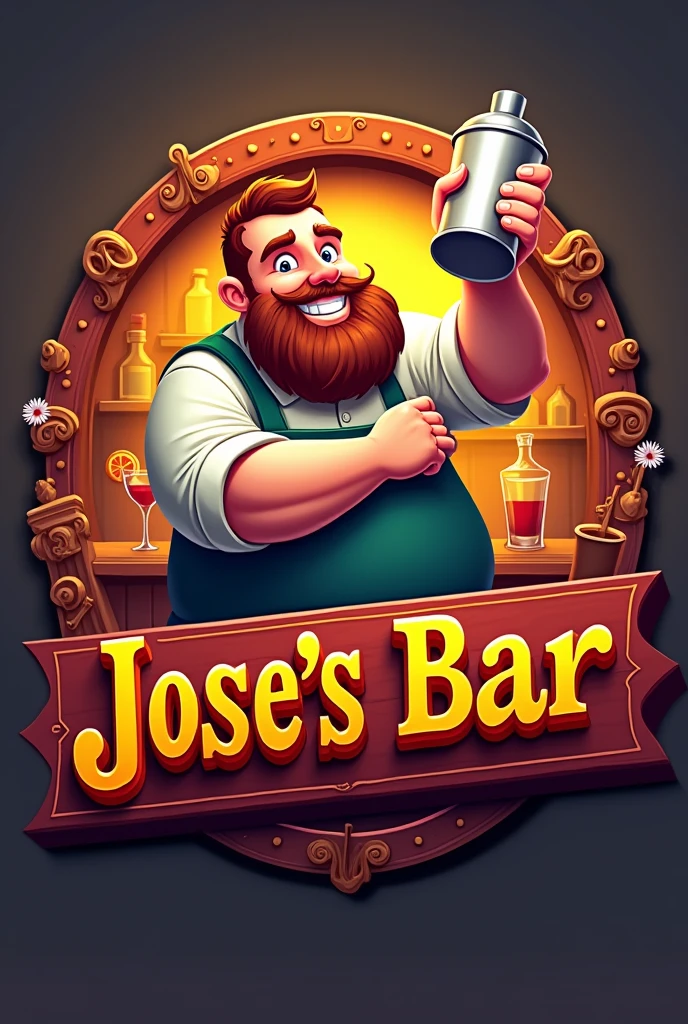 create a logo for a bar called "Jose's Bar" with bartender theme, that the man is a little chubby and does not have a beard or mustache and is shaking a shaker. that the illustration be set in 3d with a better background