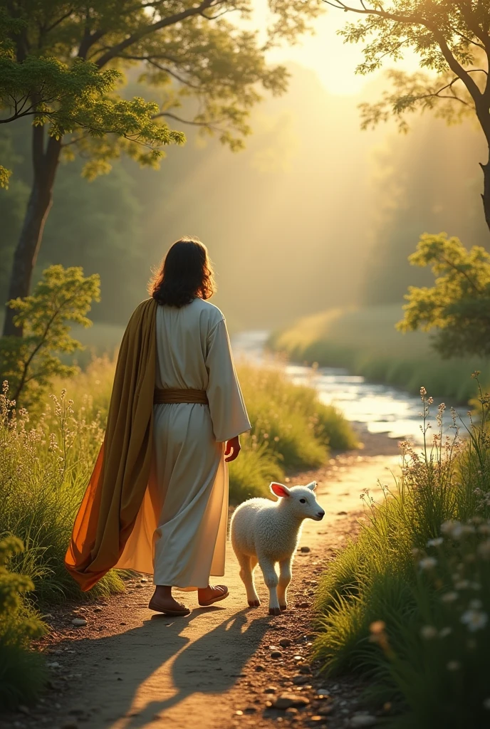 A passage, a path and the beautiful morning sun and Jesus walks backwards along the path with a little white lamb and beautiful more realistic