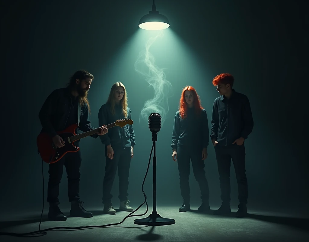 Make a dark room with a lamp above making it throw light towards the floor, the light reveals a microphone, Ghosts come out of the microphone , Behind the microphone is a teenager with long hair and a beard holding a guitar, another slightly smaller teenager in a black jumpsuit and a red-haired teenager, There are only three people, Their faces are not seen 
