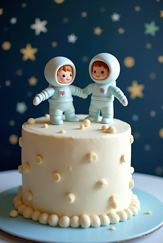  shower cream cake with toppers of mom and dad astronauts welcoming the baby astut 
