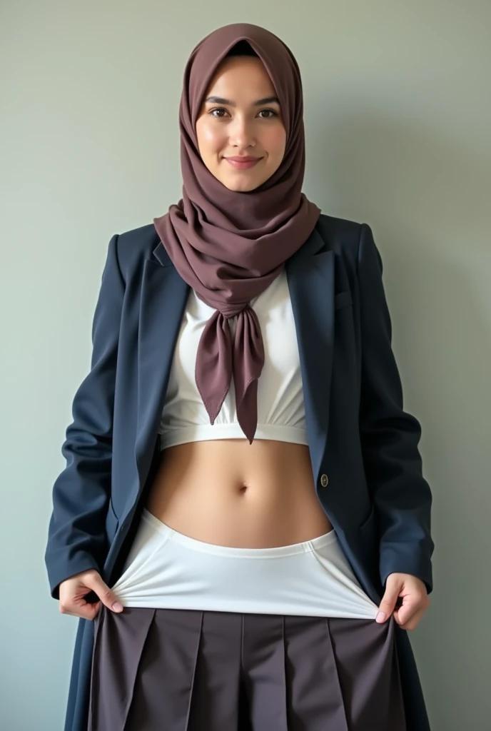 a woman wearing a hijab in a school uniform with a shy face opened her skirt and spread her crotch until her white panties were visible. 