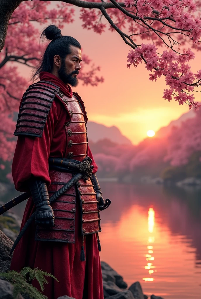 photorealism samurai warrior man in red armor sunset and japanese cherry blossom 4k wallpaper 