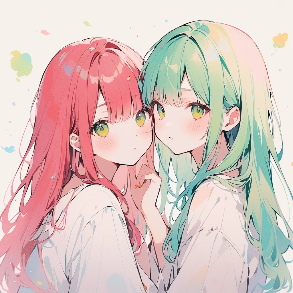 A red–haired girl and a green-haired girl Watercolor、pale colour、