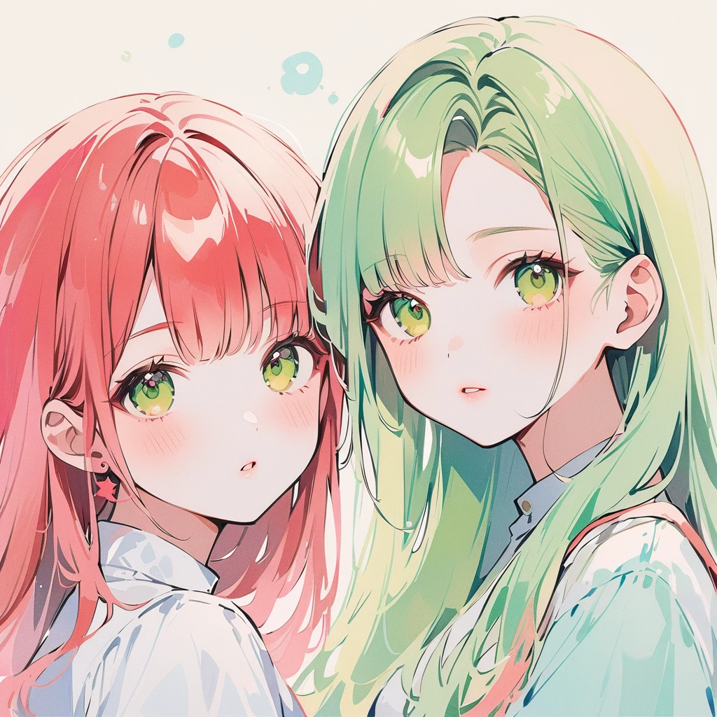 A red–haired girl and a green-haired girl Watercolor、pale colour、