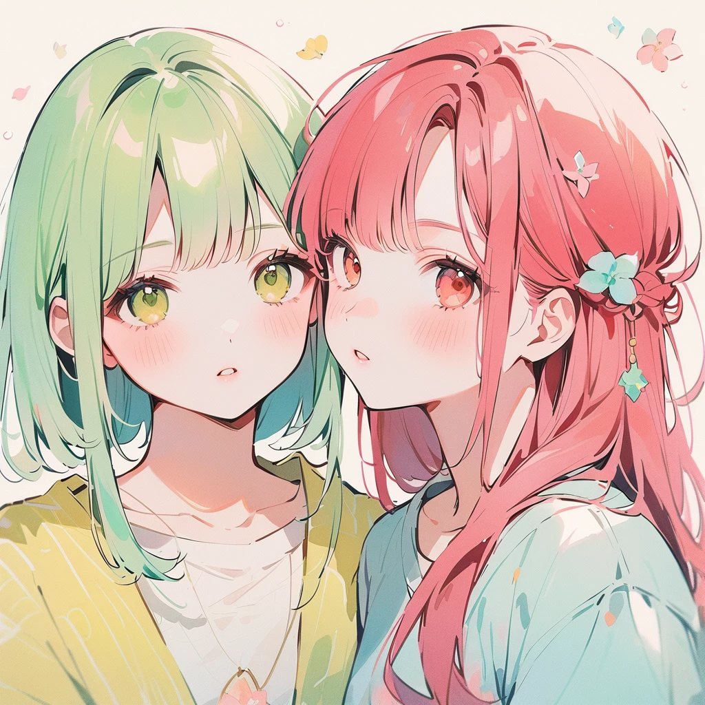 A red–haired girl and a green-haired girl Watercolor、pale colour、