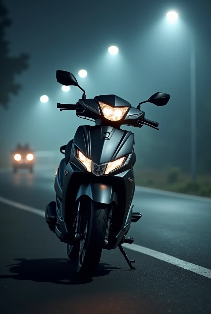 Tvs ntorq 125 in grey color on road at night with fog