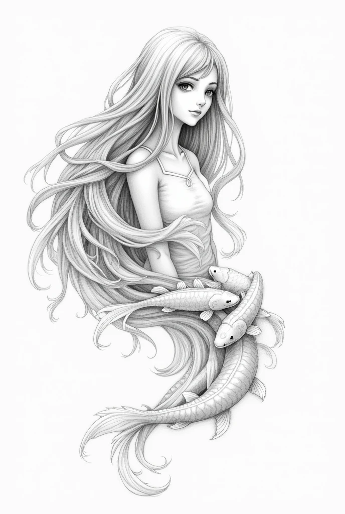 A pencil sketch of a girl who's long flowing hair turns into koi fishes, greyscale, semi-realism
