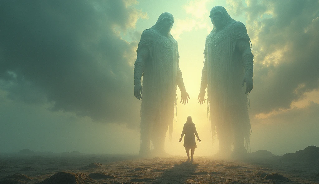 "Depict a lone figure standing through a dreamlike, otherworldly landscape, desperately reaching out to grasp towering, ethereal giant silhouettes. These giant creatures shimmer with hues of gold, blue, and purple, representing the cycle of time passing. The figure’s hands pass through the silhouettes as they begin to dissolve into the misty air, evoking a sense of fleeting presence. The ground is a patchwork of faded, torn pages, and the sky above shifts rapidly, bathed in swirling, otherworldly colors that create an atmosphere of urgency and longing."