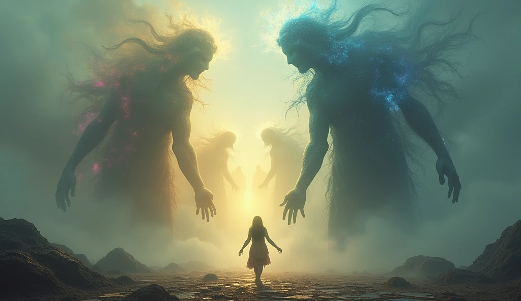 "Depict a lone figure standing through a dreamlike, otherworldly landscape, desperately reaching out to grasp towering, ethereal giant silhouettes. These giant creatures shimmer with hues of gold, blue, and purple, representing the cycle of time passing. The figure’s hands pass through the silhouettes as they begin to dissolve into the misty air, evoking a sense of fleeting presence. The ground is a patchwork of faded, torn pages, and the sky above shifts rapidly, bathed in swirling, otherworldly colors that create an atmosphere of urgency and longing."