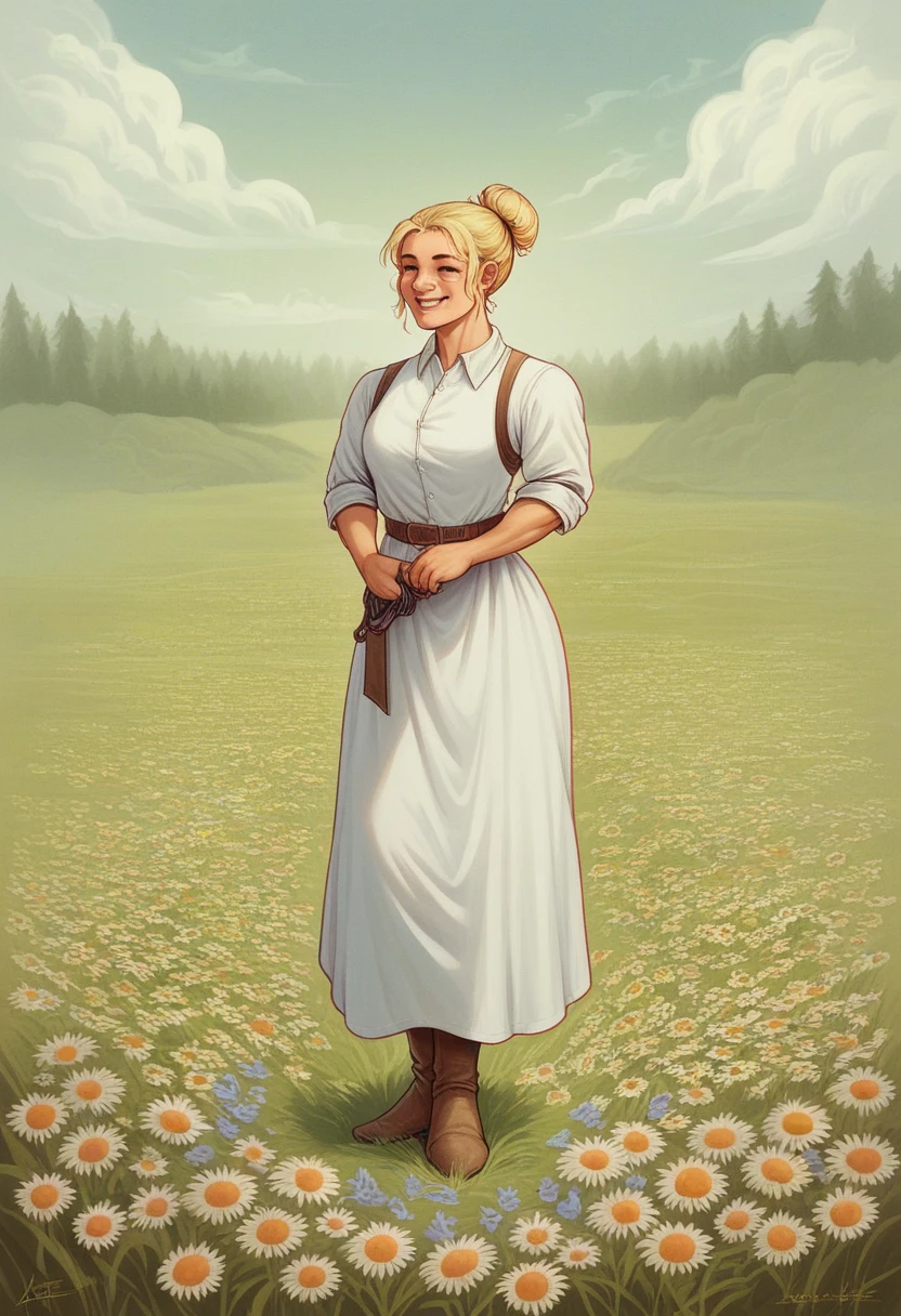 Full length of a white blonde woman with blonde messy bun. she is standing in a field of flowers. it is spring. everything blooms. in the background is a farm. The woman has a beautiful toned and tight body. she has a bright smile the picture is realistisch, detailed. Very high resolution. 8k-Rendering, Die Sonne scheint, Es ist Mittag. Die Szene ist perfekt scharfgestellt und ausgeleuchtet. realistisch, filmisch