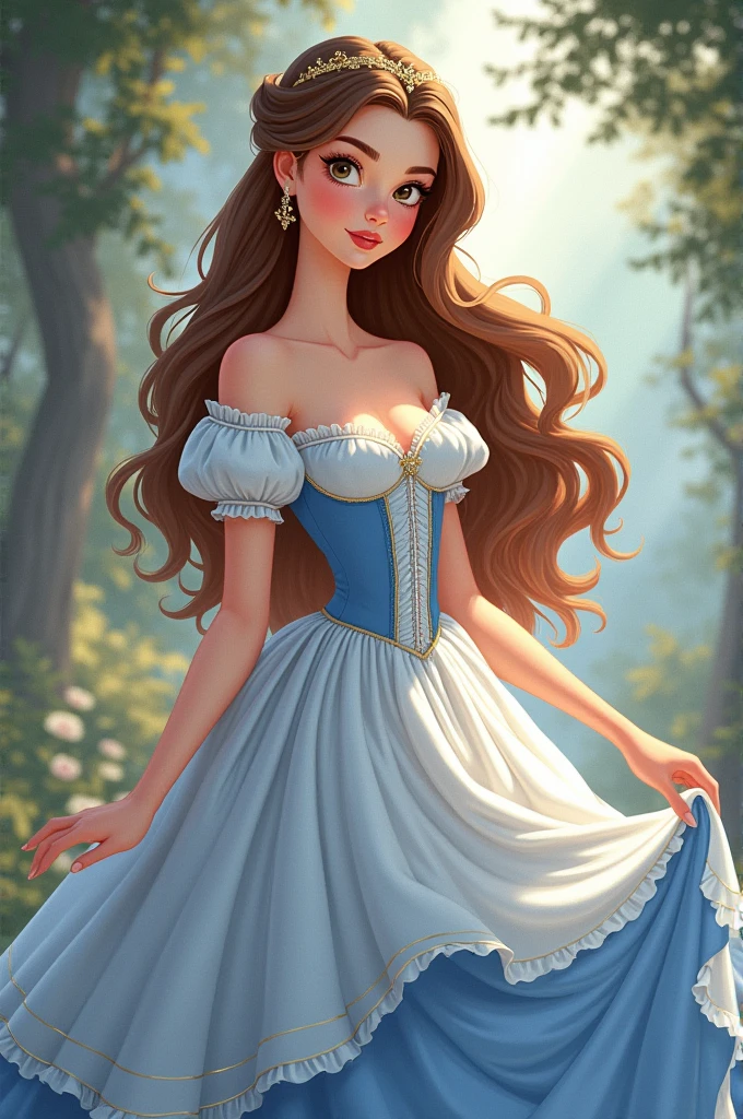 A girl with long brown hair with a beautiful face , have a tiara and wears a pastel white and blue gown with ruffles like the rococo era outfits , and have a old disney animations artstyle