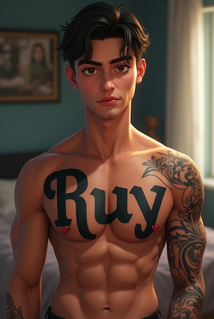 a young man AI high quality muscular tattoo with name “ruy” tanned skin piercing gaze light pink mouth with realistic animated bedroom background
