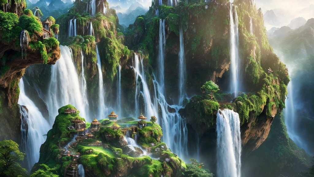 Full body pose, hyperrealistic arial photograph of neverland, floating island and waterfall, dim volumetric lighting, 8 k, octane beautifully detailed render, extremely hyper detailed, intricate, epic composition, cinematic lighting, masterpiece, trending on artstation, very very detailed, stunning, hdr, smooth, sharp focus, high resolution, award, winning photo, dslr, 5 0 mm