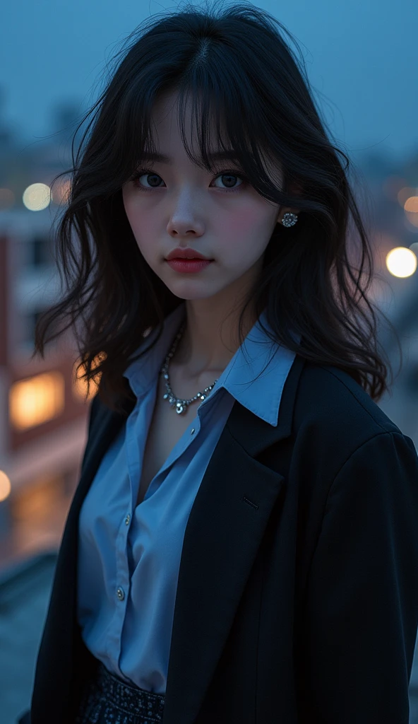 (Tabletop: 1.3), (Maximum resolution: 1.2), (Ultra HD TV: 1.2), Cinema Little, Ultra HD TV, (Detailed eyes and skin), (Detailed facial features), Wurth GP, 8k resolution, Sharp focus: 1.2, Perfect Style, Beautiful Face, Accurate, Anatomically correct, Highly detailed face and skin texture, Detailed eyes, Dark blue eyes, double eyelid, Thin eyebrows, Drop your eyes, (Glitter Eyeliner:1.2), Natural Cheeks, Glowing Skin, (Fair skin:1.2), Shiny necklace and earrings, (Glossy Lips: 1.4), break, Absurd, First Person View, (She is a high school student), (Wear a button-up shirt, blazer, Pleated mini skirt), ((Off the shoulder:1.3)), (A shy smile:1.2), ((So pure and so cute:1.3)), (Layered Hairstyles, Wavy Hair), (Dark brown hair:1.2), Medium Long Hair, (Full Body Shot: 1.2), Focus on the face, Medium large breasts, ((Sexy poses on Instagram:1.2)), ((On the school roof at night)),