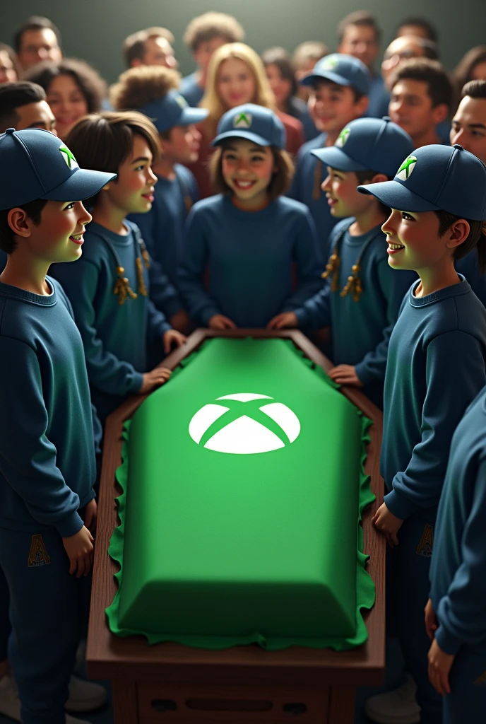 Create a realistic image of some people at a wake looking at a coffin wearing dark blue sweatpants and a blue cap with the initials PS on the cap, these people are very happy and on the coffin a green flag with the initials XBOX. The PlayStation symbol is on the cap.