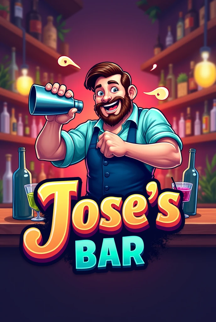 create a logo for a bar called "Jose's Bar" with bartender theme, that the man is a little chubby and does not have a beard or mustache and is shaking a shaker. that the illustration be set in 3d with a better background that does not have a beard or mustache