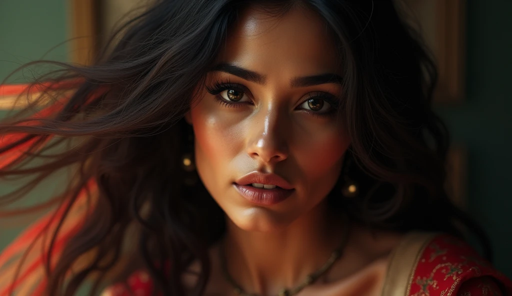 a beautiful mysterious Indian woman, intricate detailed face, piercing eyes, long eyelashes, delicate skin, natural beauty, flowing hair, candid elegant pose, dramatic lighting, cinematic mood, vibrant color palette, chiaroscuro lighting, high quality, photorealistic, 8k, intricate details, professional rendering