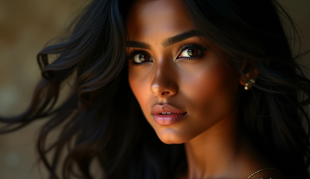 a beautiful mysterious Indian woman, intricate detailed face, piercing eyes, long eyelashes, delicate skin, natural beauty, flowing hair, candid elegant pose, dramatic lighting, cinematic mood, vibrant color palette, chiaroscuro lighting, high quality, photorealistic, 8k, intricate details, professional rendering