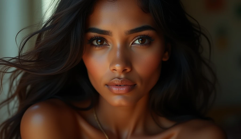 a beautiful mysterious Indian woman, intricate detailed face, piercing eyes, long eyelashes, delicate skin, natural beauty, flowing hair, candid elegant pose, dramatic lighting, cinematic mood, vibrant color palette, chiaroscuro lighting, high quality, photorealistic, 8k, intricate details, professional rendering