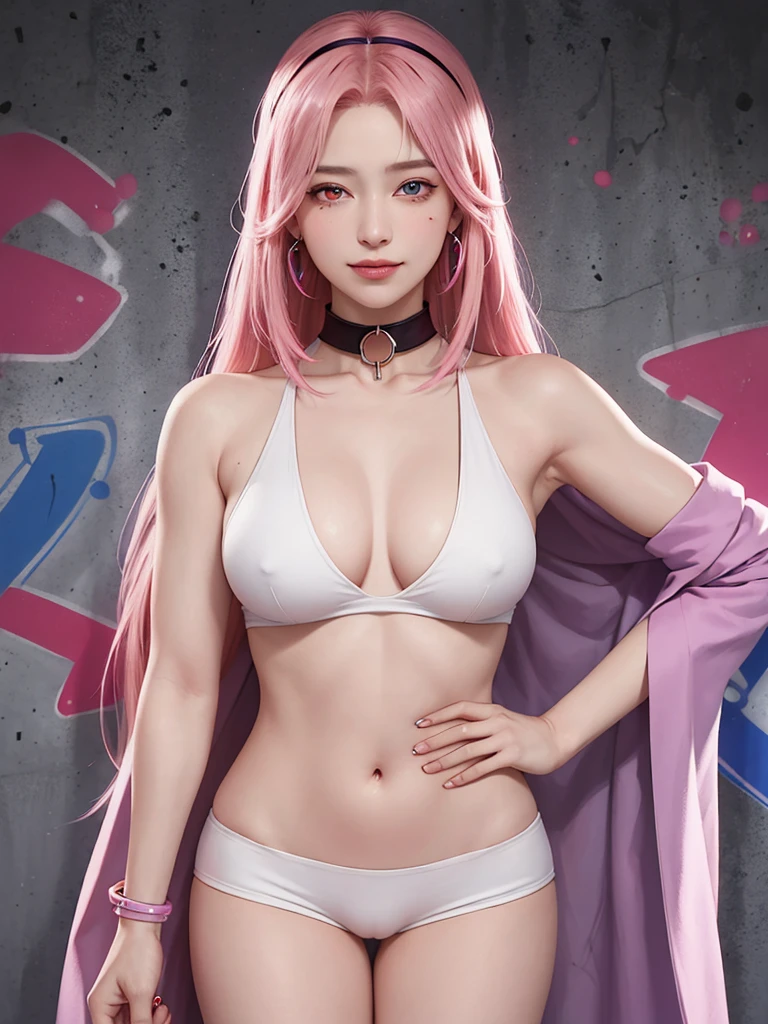 (Masterpiece, best quality, 1 girl, alone, complicated details, Chromatic aberration), realistic, ((Moderate breath)),long hair, pink hair, Red headpiece, Pink Highlights, hair on one eye,purple eyes, earring, sharp eyes, choker, Neon coat, She wears a collar, bangle, and kimono style garters., crop top, (symmetrical eyes),(Perfect symmetrical body),against the wall, Brick wall, (colorful graffiti words on the wall:1.2), The light is dim., alley ,Look at the viewer.、Dig the chest、smile、(sleeveless、Navel touch、Fitted turtleneck.)、street string hot pants、Thin bottom、Please build above the eaves..、Thin shoulders、in sportbar、