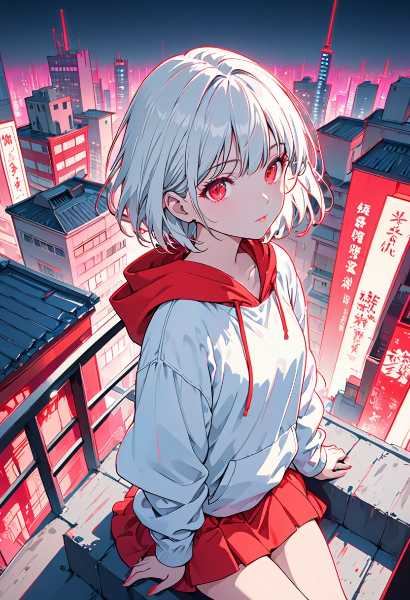 masterpiece,Highest quality,1 Synthwave style girl,Red outline,Neon lit street,Red fluorescent paint,alone,From above,Cowboy Shot,Sitting on the roof of a building,Highly detailed CG,Flat Color,Limited edition palette,No Line Art,silhouette,Partially colored,Alternative color,Dynamic Angle,Red long top champagne,Shadow of Red,Synthwave,chromatic aberration,(alone focus),Perfect Shadow,Wearing a white hoodie,Delicate face,,Beautiful and delicate eyes,White Hair,Short Bob Hair,Delicate background,red neon lights,Around ,About 150 tall