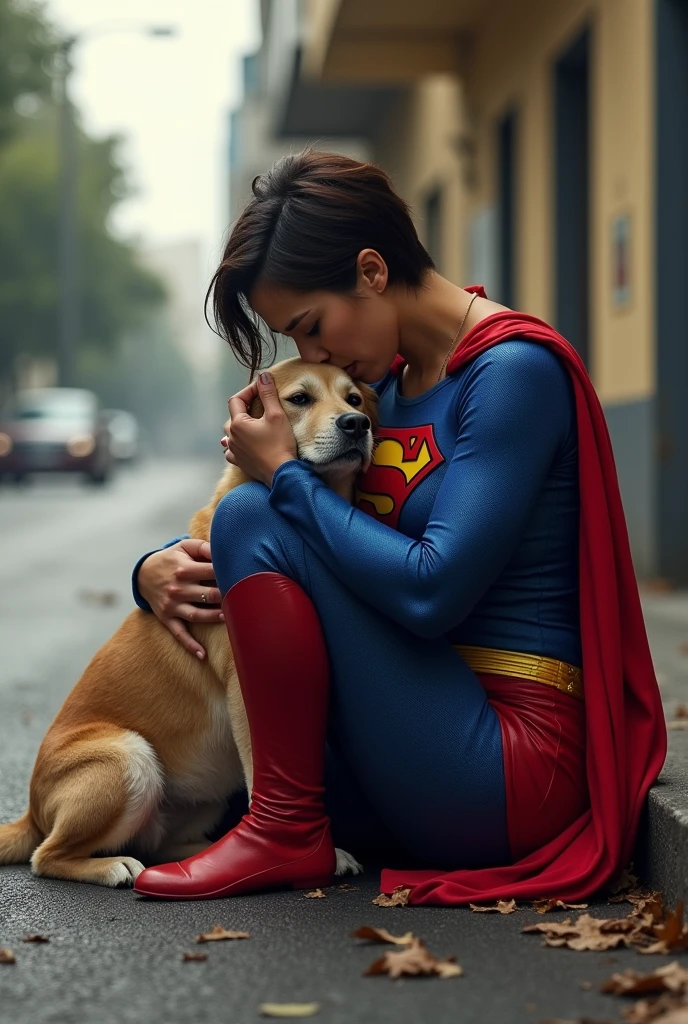 Short haired brunette woman wearing a superman costume, physically strong, sitting on the asphalt street, Hugging a dog, Grieving, side perspective, sobbing. brazil.