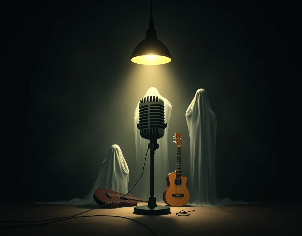 Make a dark room with a lamp above making it throw light towards the floor, the light reveals a microphone, Ghosts come out of the microphone , Behind the microphone there is a guitar and a buso