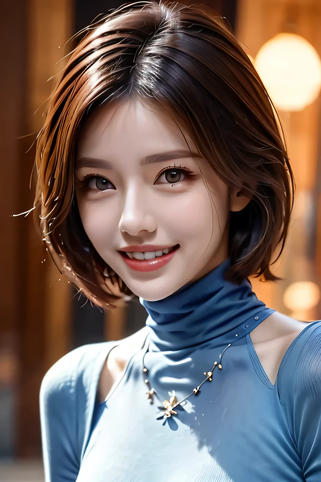 ((masterpiece)), ((Highest quality)), ((Complex)), ((Surreal)), (Realistic), (Mature Woman), ((There are no classes)), Very detailed, (1 female), Beautiful and exquisite, (Beautiful Teeth), Grin, Brunette bob hair, Brown eyes, ((Blue turtleneck)), (Upper Body), (background:none), Perfect Eyes, Captivating eyes, Looking at the audience