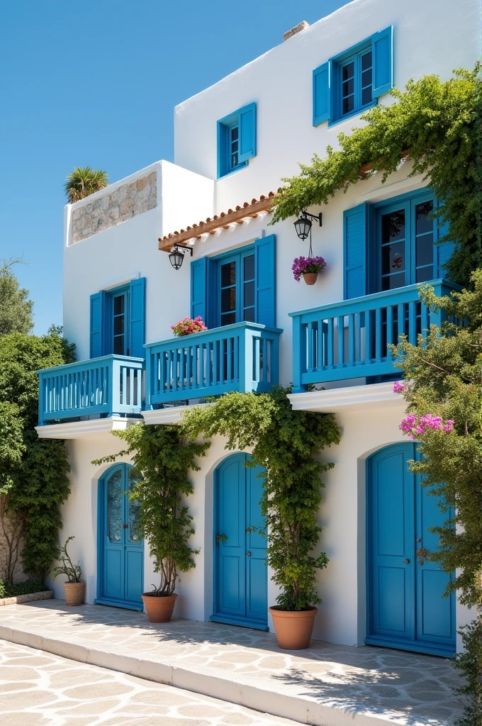 A white two-story building with blue window frames, surrounded by lush greenery and blooming flowers in the style of Naxos island architecture, set against clear skies on the Greek islands. The photo captures the simplicity and elegance of traditional scientific photography, showcasing architectural details like hanging plants and terraces that add to its charm. It's a perfect representation of summer beach living in Greece.