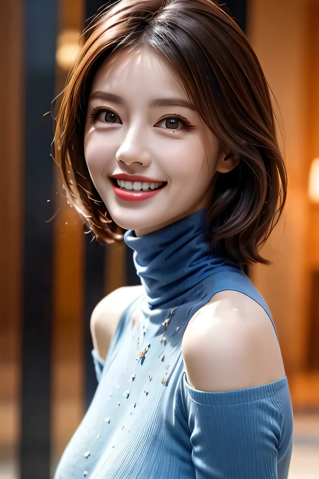 ((masterpiece)), ((Highest quality)), ((Complex)), ((Surreal)), (Realistic), (Mature Woman), ((There are no classes)), Very detailed, (1 female), Beautiful and exquisite, (Beautiful Teeth), Grin, Brunette bob hair, Brown eyes, ((Blue turtleneck)), (Upper Body), (background:none), Perfect Eyes, Captivating eyes, Looking at the audience