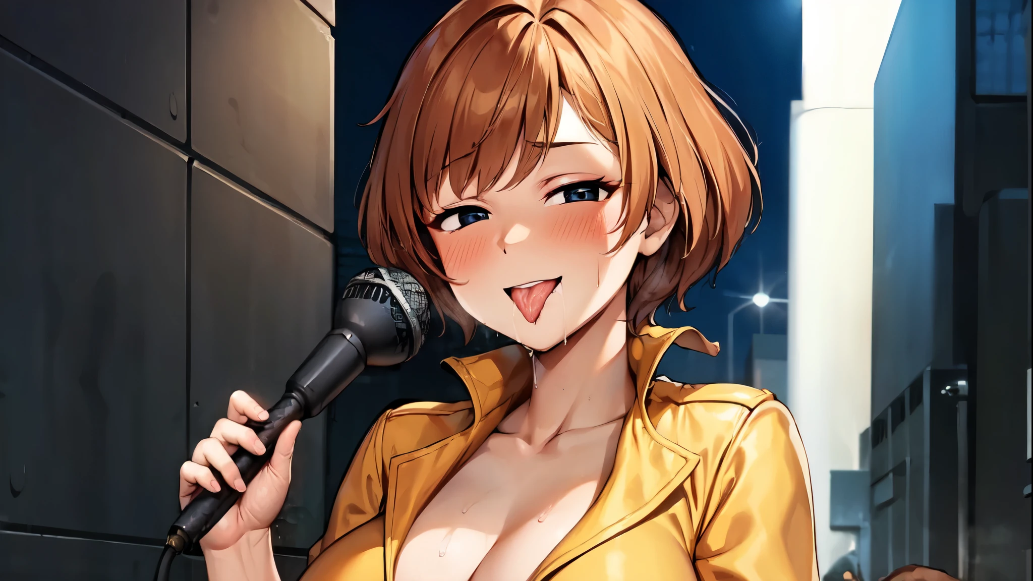 （（super high quality,Ultra-high resolution,16K,super masterpiece,Ultra HD ,Detailed shading,））A dimly lit park at night,３Sexy woman,trio,Cleavage,Yellow jumpsuit,White belt at waist,popped Tight collar,smile,blush,Sweaty,holding a microphone in his hand,Licking the microphone,A small amount of drooling,Love juice overflows from the crotch,