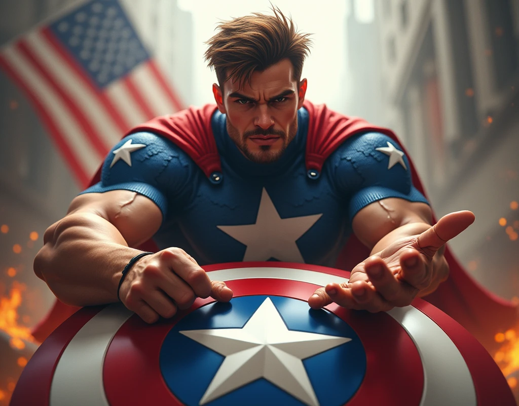 All we need is the caption America's image with both of his hands moving forward to pick up his shield lakin uske pass shield na ho
