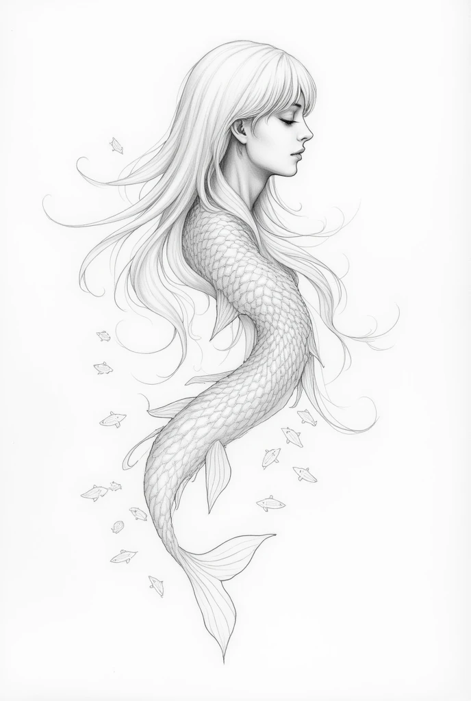 A pencil sketch of a girl who's long flowing hair turns into koi fishes, greyscale, semi-realism, less hair details, until neck body only