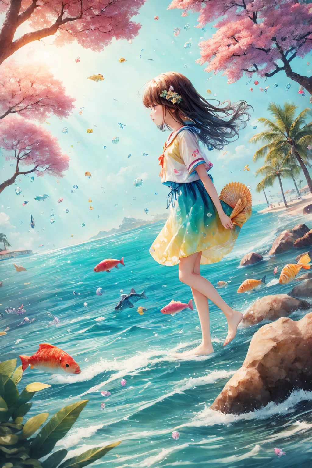 A girl walking through a colorful and beautiful ocean scene, A lot of fish in pop colors are swimming.、The sparkling shells１０Pieces are falling、Green tree々Sunlight shines through the trees.、