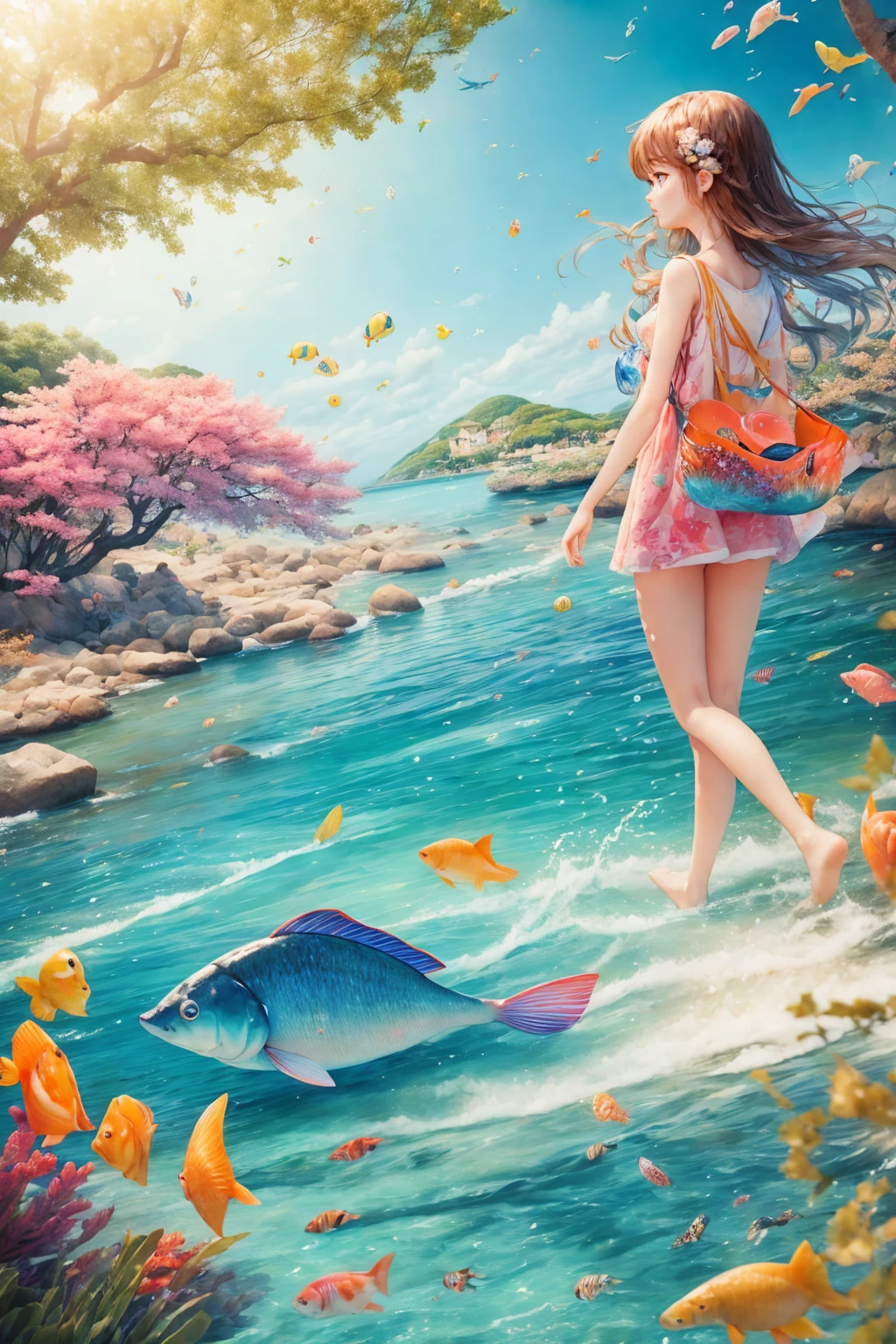 A girl walking through a colorful and beautiful ocean scene, A lot of fish in pop colors are swimming.、The sparkling shells１０Pieces are falling、Green tree々Sunlight shines through the trees.、